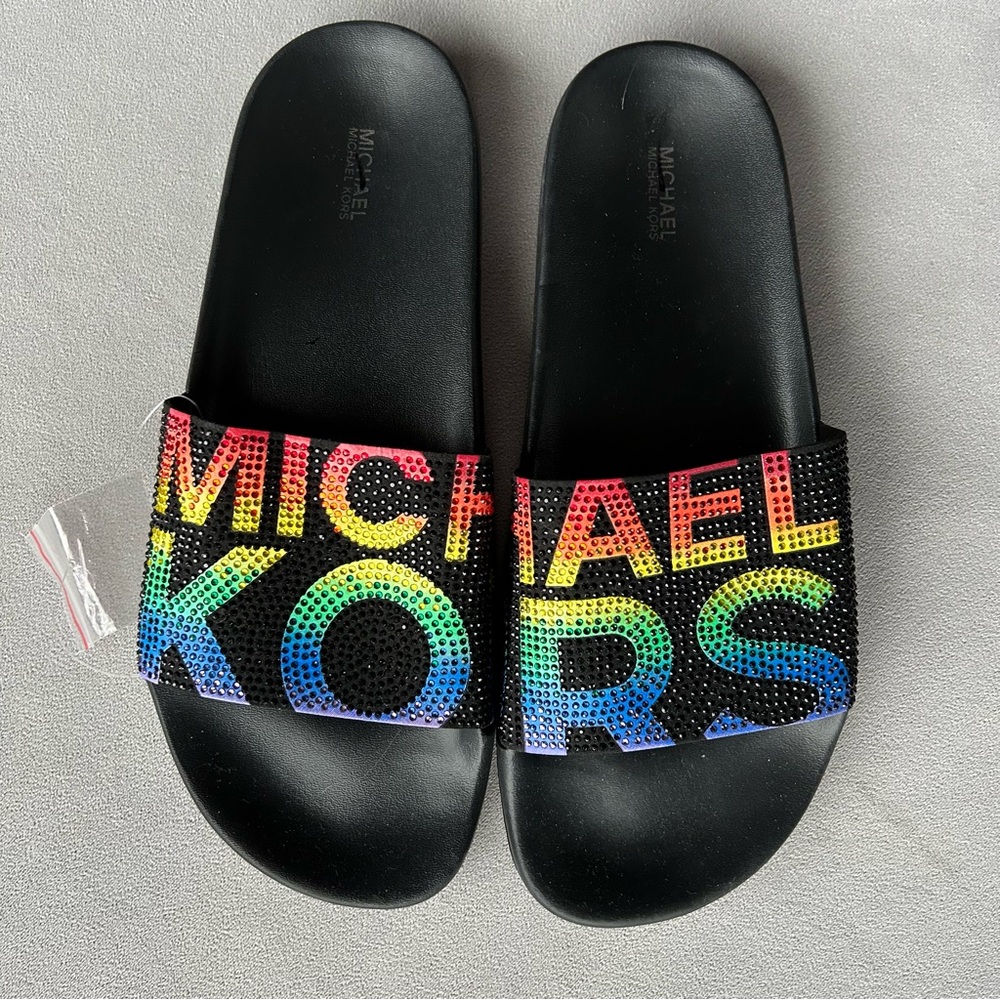 Michael Kors ~ Gilmore ~ Logo Rhinestone Slides ~ Women’s Size 10